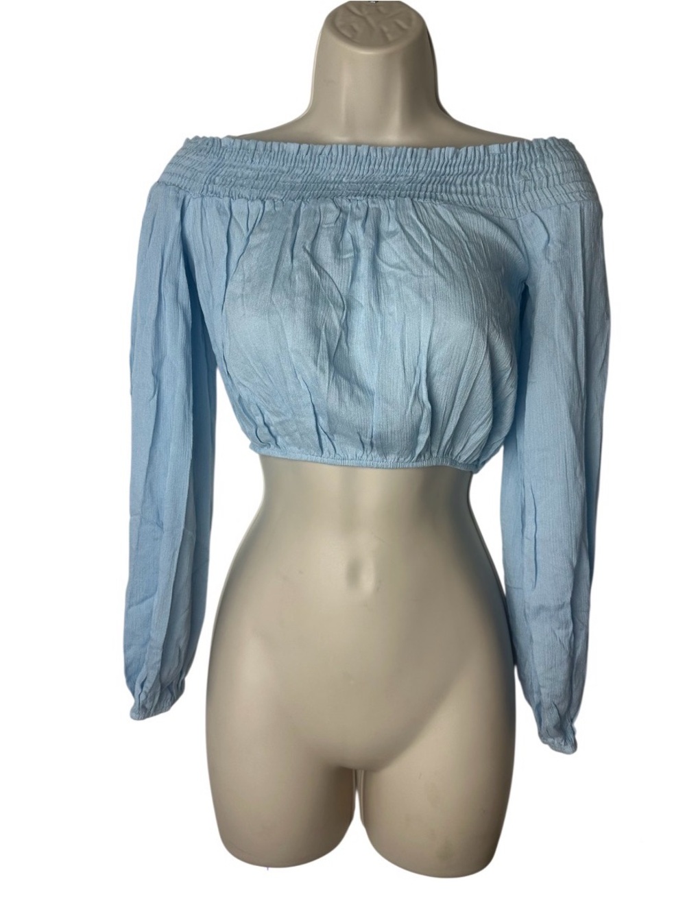 Windsor Light Blue Off-Shoulder Long Sleeve Crop Top